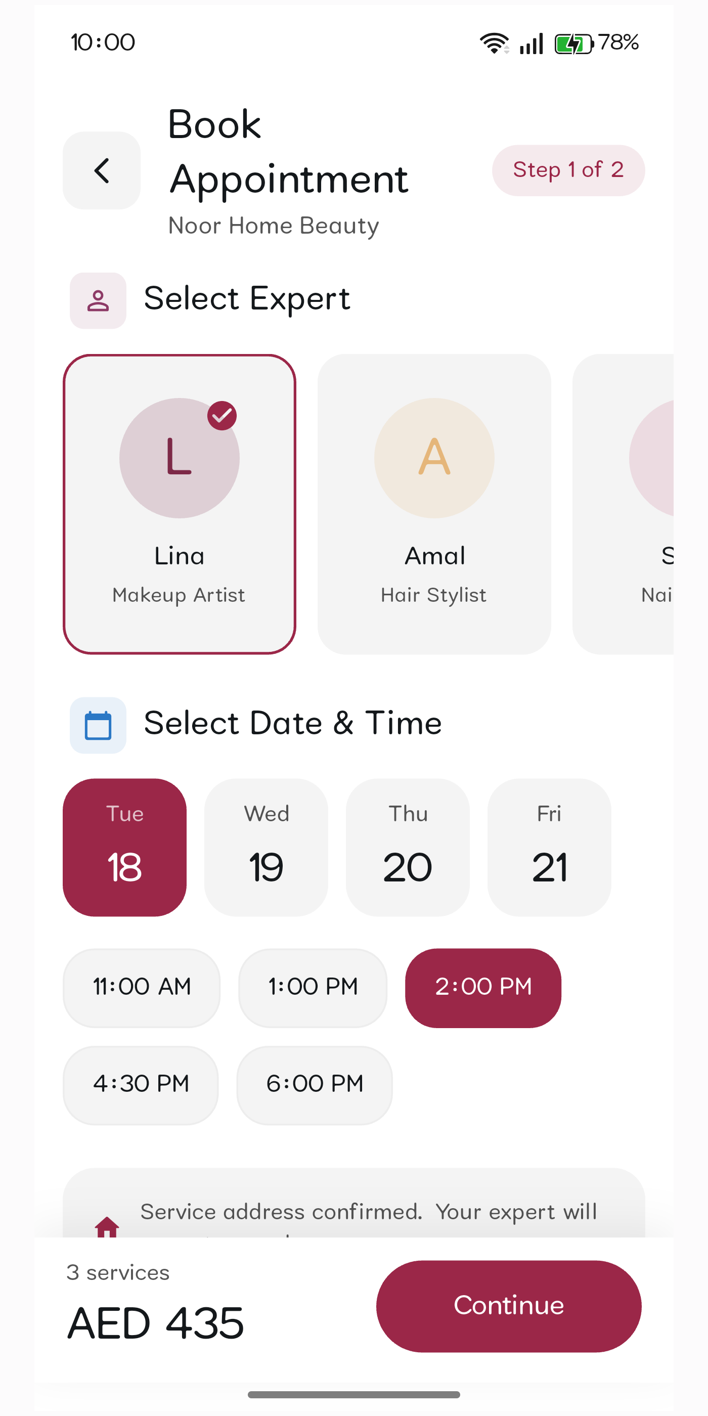 Zayn booking screen showing expert selection and available time slots